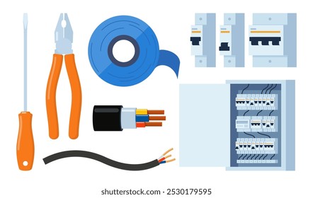 Herramientas eléctricas esenciales de la reparación para el técnico del Profesional, servicio del mantenimiento del zócalo. Equipo de trabajador eléctrico para inspección del sistema de energía eléctrica. Electricidad, concepto de energía. Vector