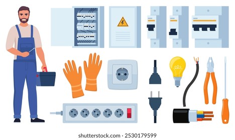Ferramentas Elétricas Essenciais de Reparação para Técnico Profissional, Serviço de Manutenção de Soquete. Equipamento de trabalho elétrico para inspeção de sistemas de energia elétrica. Eletricidade, conceito de energia. Vetor