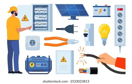 Herramientas eléctricas esenciales de la reparación para el técnico del Profesional, servicio del mantenimiento del zócalo. Equipo de trabajador eléctrico para inspección del sistema de energía eléctrica. Electricidad, concepto de energía. Vector