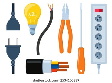Ferramentas Elétricas Essenciais de Reparação para Técnico Profissional, Serviço de Manutenção de Soquete. Equipamento de trabalho elétrico para inspeção de sistemas de energia elétrica. Eletricidade, conceito de energia. Vetor