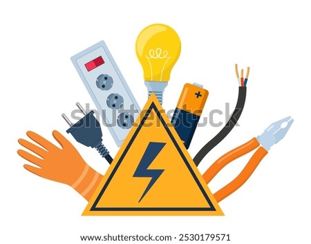 Essential Electrical Repair Tools for Professional Technician, Socket Maintenance Service. Electrician worker equipment for electric power system inspection. Electricity, energy concept. Vector