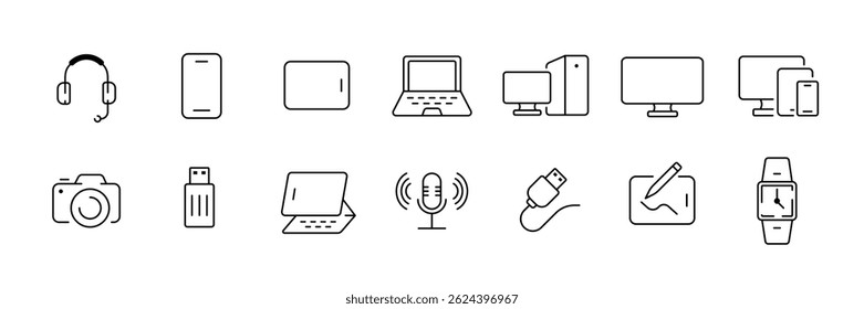 Essential electronics icons set: communication, computing, mobile and multimedia in a clean outline style