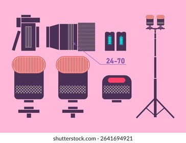Essential Elements of a Professional Photography Kit Featuring Camera, Lens, Flashlights and Accessories