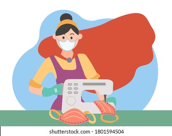 Essential Employee Seamstress Woman Sews A Mask On A Sewing Machine. Sewing Factory Of Medical Masks At Home To Protect Against Coronavirus. Super Hero New Reality In Cloak. Vector Flat Illustration.