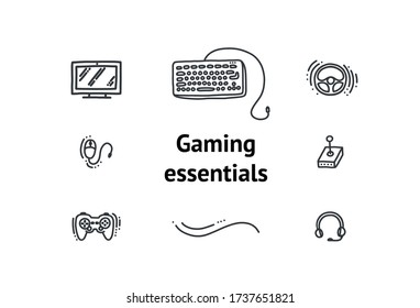 Essential equipment for video games fans. Doodle vector illustration