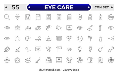 Essential Eye Care and Vision Health outline Icon Set. Optometry, Surgery, and Optical Tools.
