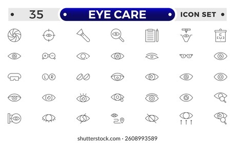 Essential Eye Care and Vision Health outline Icon Set. Optometry, Surgery, and Optical Tools.
