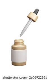 Essential facial serum oil pipette bottle 3D style vector illustration. Beauty skincare treatment cosmetic product 3D realistic vector render. Golden regenerative essence dropper bottle with pipette.