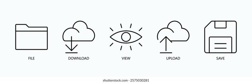 Essential File Management Icon Set Isolated Vector With Icon Of File, Download, View, Upload, Save In Outline Style