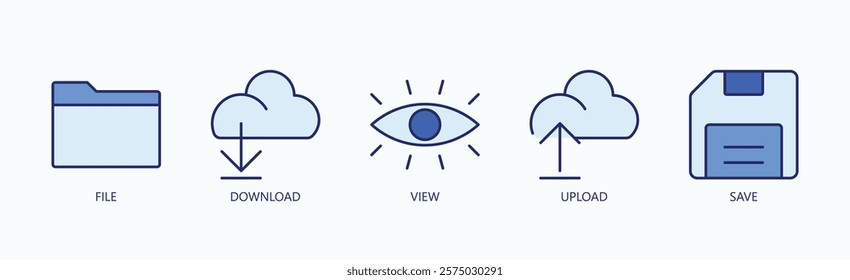 Essential File Management Icon Set Isolated Vector With Icon Of File, Download, View, Upload, Save In Blue Style