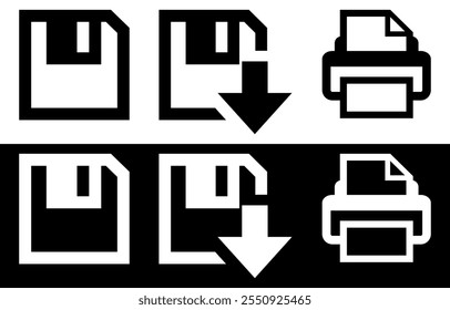 Symbole für grundlegende Dateivorgänge. Symbole speichern, herunterladen und drucken. Vektorgrafik einzeln auf schwarz-weißem Hintergrund.