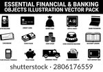 Essential financial and banking objects vector pack with atm machine credit card money bag safe and vault bank passbook on white