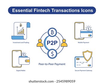 Iconos esenciales de las transacciones de Fintech: billetera digital, pago móvil, pasarela de pago segura, pago de Punto a punto, inversión y comercio.