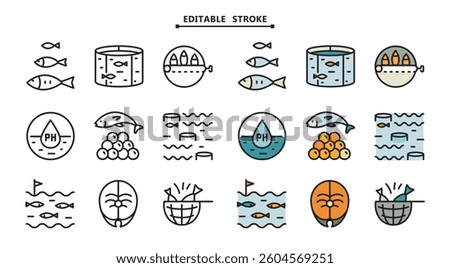 Essential fish farming icon collection for digital and print design. Covers breeding, feeding, harvesting, and processing. Suitable for apps, infographics, and corporate branding.
