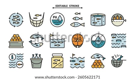 Essential fish farming icon collection for environmental and commercial projects. Suitable for educational materials on marine biology, business plans for aquaculture startups, and branding of sustainable seafood product lines.