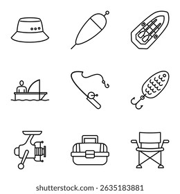 Essential fishing tackle and gear icon set for angling adventures. Flat vector illustration 
