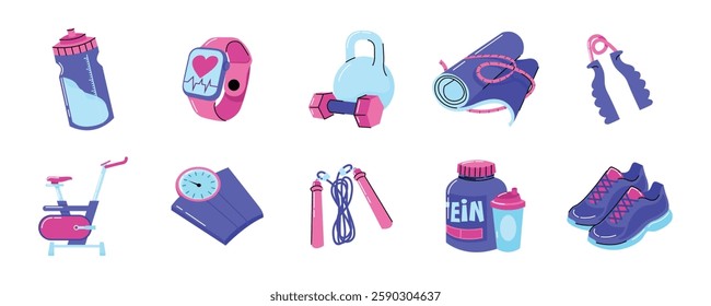 Essential Fitness and Wellness Equipment Vector Set. Fitness gear, including dumbbells, water bottle, shoes, and smartwatch