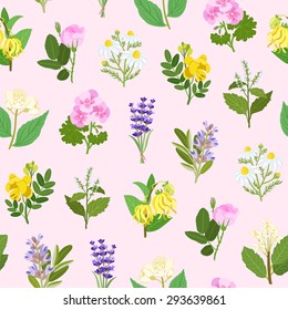 Essential flowers illustrations seamless pattern