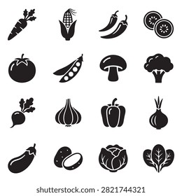 Essential garden vegetable silhouette set with corn chili tomato peas mushroom broccoli radish garlic and leafy greens.