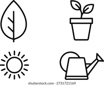 Essential gardening and nature elements line icons depicting growth, light, and care for plants