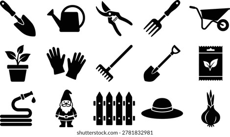 Essential gardening tools and garden elements are presented as a detailed black and white vector graphic illustration, ideal for horticultural projects and creative designs.