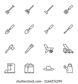 Essential gardening tools line icons set, outline vector symbol collection, linear style pictogram pack. Signs, logo illustration. Set includes icons as watering hose, sprinkler, shovel, wheelbarrow