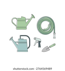 Essential gardening tools and watering accessories displayed neatly