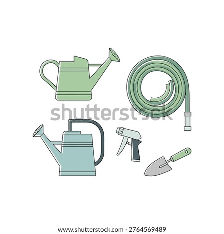 Essential gardening tools and watering accessories displayed neatly
