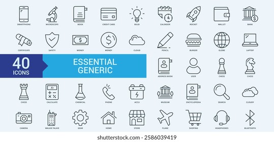 Essential Generic icon collection set with smartphone, microscope, book, credit card, bulb, calendar