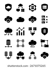 Essential glyph icons representing various aspects of cloud computing, data storage, and database management