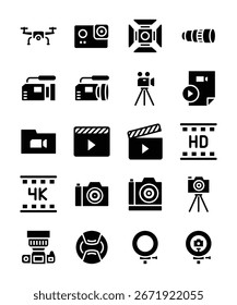 Iconos de glifos esenciales que representan varios equipos de videografía y Fotografía, incluidas cámaras, luces y accesorios