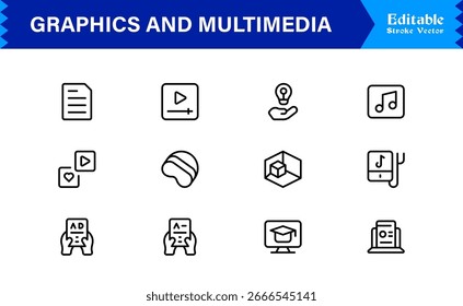 Essential Graphics and Multimedia Line Icon Pack – Professional, Modern, Minimalist Vector Collection for Creative Projects, User Interfaces, and Digital Content