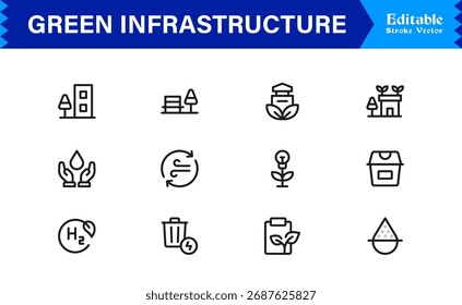 Essential Green Infrastructure Line Icon Set - Professionelle minimale Vektorsymbole mit modernen bearbeitbaren Pixel-perfekte Designs für nachhaltige Stadtentwicklung und Ökologie