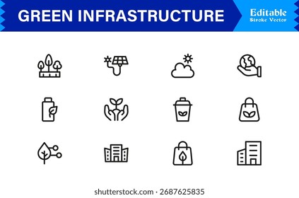 Essential Green Infrastructure Line Icon Set – Professional Minimal Vector Icons Featuring Modern Editable Pixel-Perfect Designs for Sustainable Urban Development and Ecology