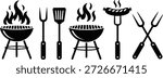 Essential grilling icons presented in black and white, featuring charcoal grills with smoke, forks, spatula, and a tasty sausage.