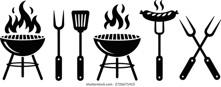 Iconos esenciales de la parrilla presentados en blanco y negro, con parrillas de carbón con humo, tenedores, espátula y una sabrosa salchicha.
