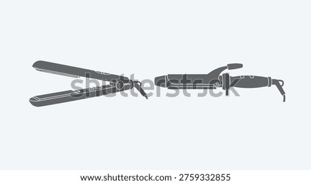 Essential hair styling tools, featuring a grey flat iron straightener and a curling iron, crucial for creating diverse hairstyles.