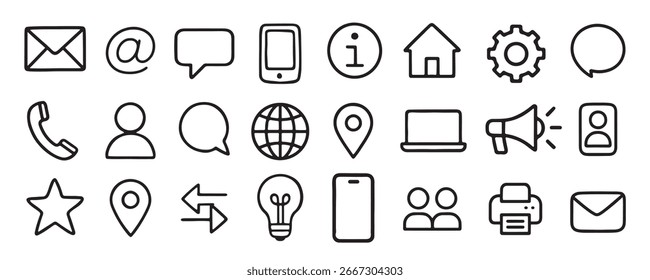 Essential hand drawn doodle icons for communication, business, and contact, including mail, phone, chat, and web symbols, isolated on white background vector illustration