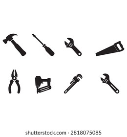 Essential Hand Tools 2x4 Icon Grid Vector isolated on white background, black flat glyph set with claw hammer screwdriver adjustable spanner handsaw combination pliers pneumatic nail gun pipe wrench and open-end wrench