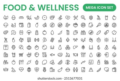 Essential Healthy Food And Wellness Icons: Perfect for Nutrition Guides, Diet Plans, Wellness Apps, Fitness Programs, and Holistic Lifestyle Designs