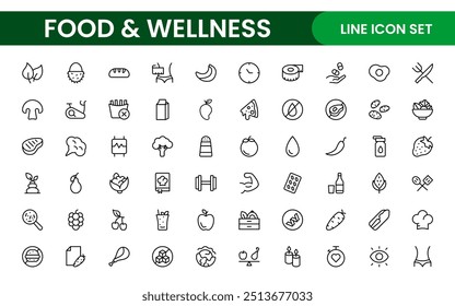 Essential Healthy Food And Wellness Icons: Perfect for Nutrition Guides, Diet Plans, Wellness Apps, Fitness Programs, and Holistic Lifestyle Designs