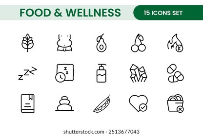 Essential Healthy Food And Wellness Icons: Perfect for Nutrition Guides, Diet Plans, Wellness Apps, Fitness Programs, and Holistic Lifestyle Designs