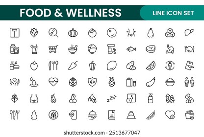 Essential Healthy Food And Wellness Icons: Perfect for Nutrition Guides, Diet Plans, Wellness Apps, Fitness Programs, and Holistic Lifestyle Designs