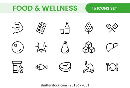 Essential Healthy Food And Wellness Icons: Perfect for Nutrition Guides, Diet Plans, Wellness Apps, Fitness Programs, and Holistic Lifestyle Designs