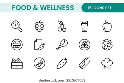 Essential Healthy Food And Wellness Icons: Perfect for Nutrition Guides, Diet Plans, Wellness Apps, Fitness Programs, and Holistic Lifestyle Designs