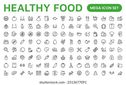 Essential Healthy Food And Wellness Icons: Perfect for Nutrition Guides, Diet Plans, Wellness Apps, Fitness Programs, and Holistic Lifestyle Designs