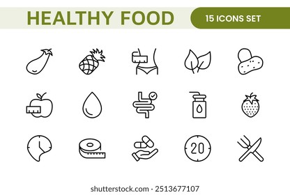 Essential Healthy Food And Wellness Icons: Perfect for Nutrition Guides, Diet Plans, Wellness Apps, Fitness Programs, and Holistic Lifestyle Designs