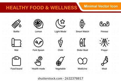 Essential Healthy Food and Wellness Icons. Perfect for Nutrition Guides, Diet Plans, Wellness Apps, Fitness Programs, and Holistic Lifestyle Designs