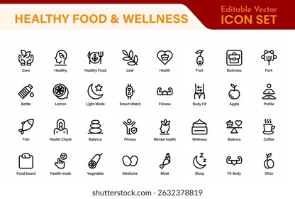 Essential Healthy Food and Wellness Icons. Perfect for Nutrition Guides, Diet Plans, Wellness Apps, Fitness Programs, and Holistic Lifestyle Designs