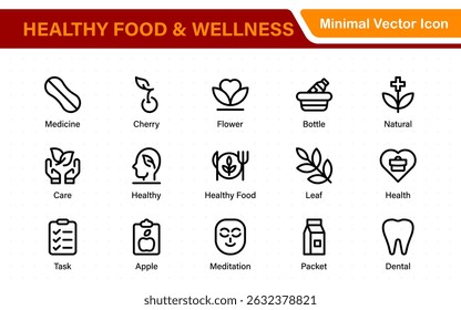 Essential Healthy Food and Wellness Icons. Perfect for Nutrition Guides, Diet Plans, Wellness Apps, Fitness Programs, and Holistic Lifestyle Designs